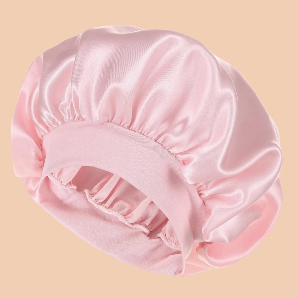 Satin Wide-Brim Shower & Sleep Cap for Women - Solid Color Silk Bonnet for Daily Hair Care