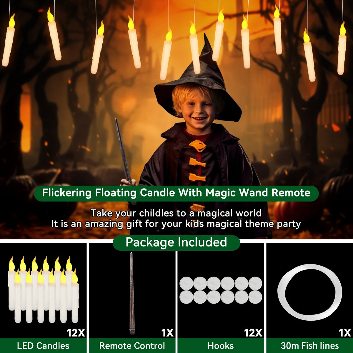 LED Floating Candles with Magic Wand Remote – Flameless Hanging Taper Candles for Halloween, Parties & Home Decor