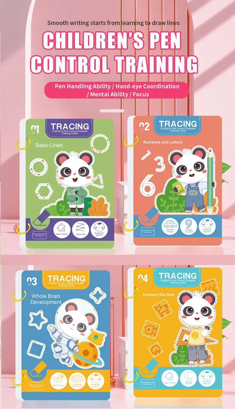 34-Page Reusable Children's Practice Book Set with Erasable Pen - Early Learning of Writing and Drawing Skills, Educational B