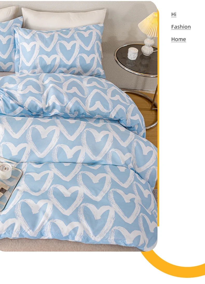 3pcs/set Heart Print Duvet Cover Set - Blue & Gray(1 Duvet Cover & 2 Pillowcase?Soft And Skin-Friendly Duvet Cover Bedding Set