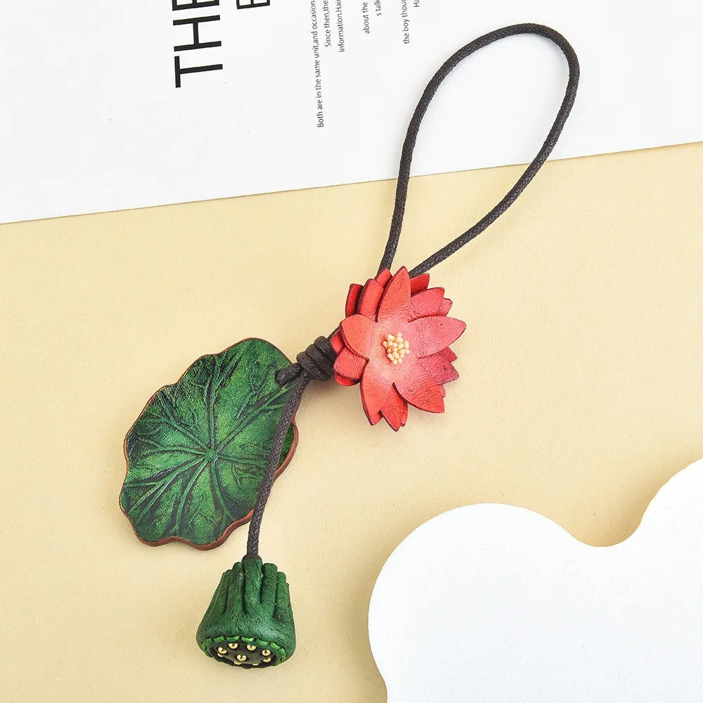 Handmade PU Leather Flower Bag Pendant & Keychain – Lotus Charm for Women