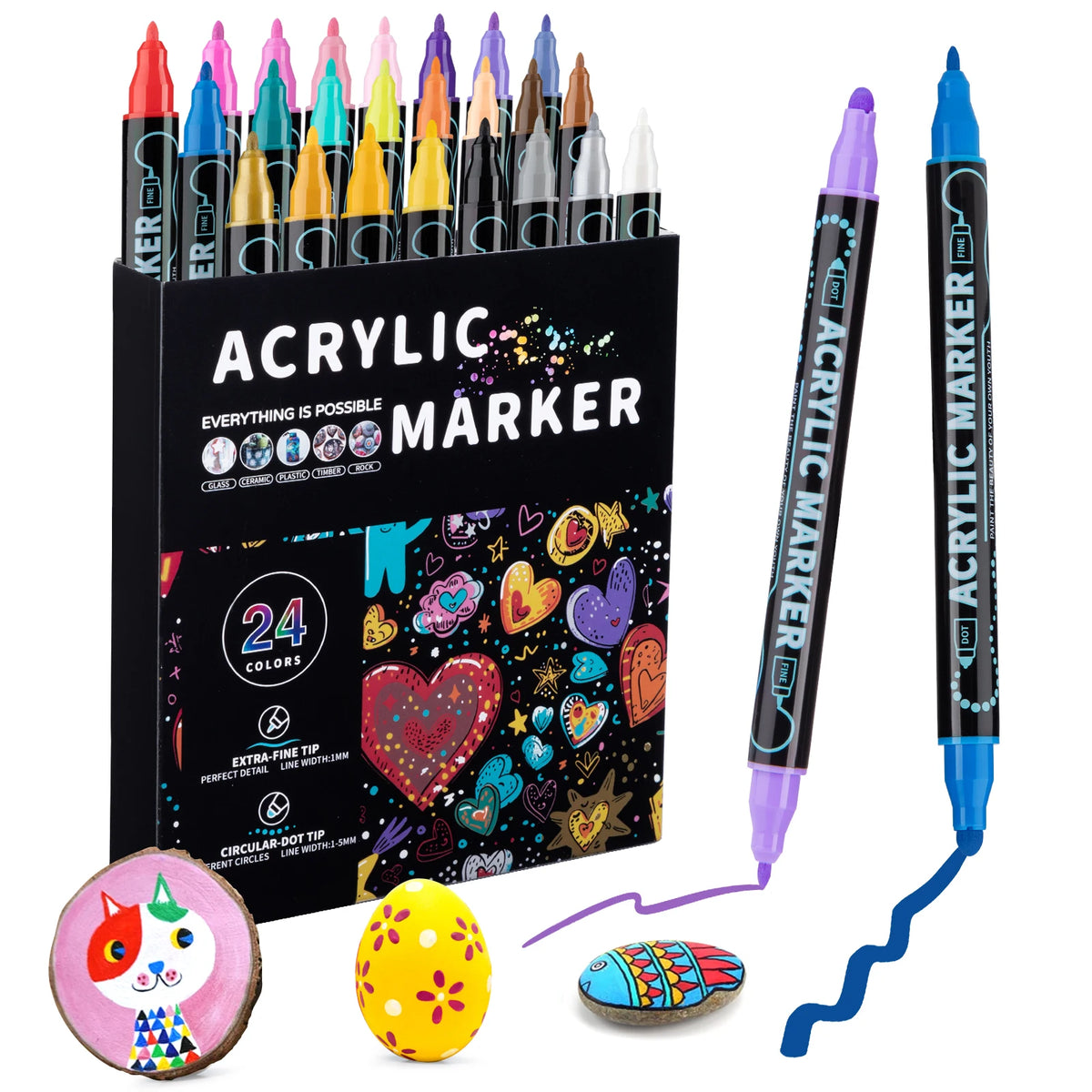 Dual Tip Acrylic Paint Pens – Multi-Surface Markers for Wood, Canvas, Stone, Rock, Glass & Ceramic DIY Crafts (12, 24, 36 or 48 Colours)