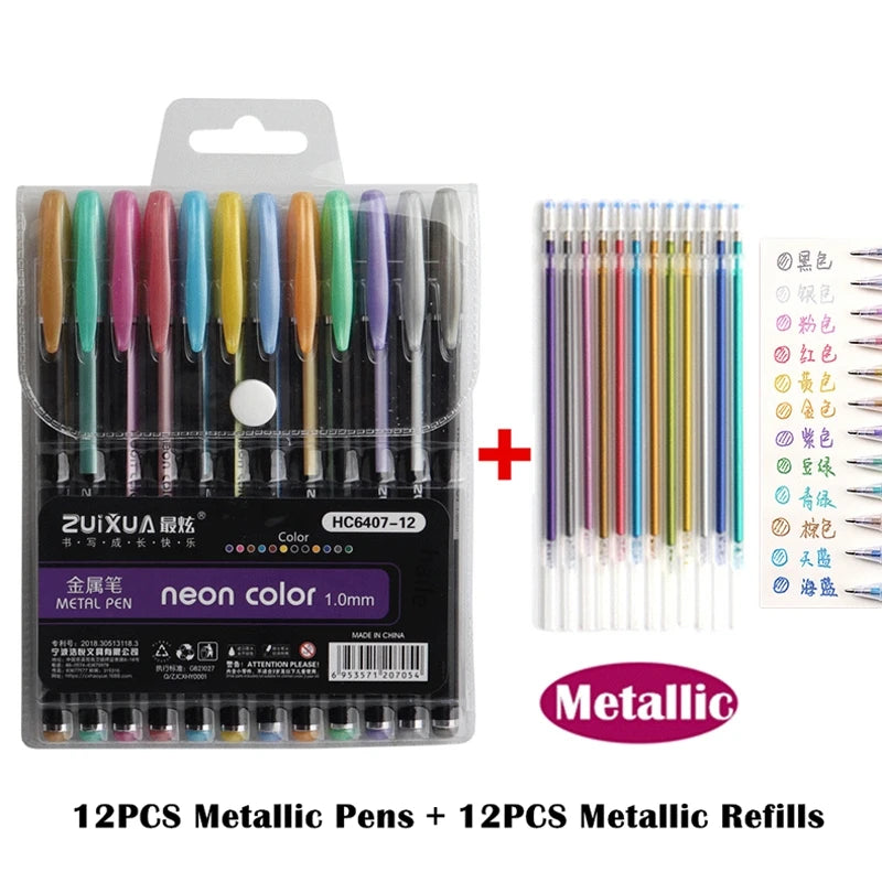 Kissbuty Glitter, Metallic, Pastel & Highlighter Gel Pens – 1.0mm Coloring Pens with Refills for Journaling, Art & Adult Colouring Books (12pcs)