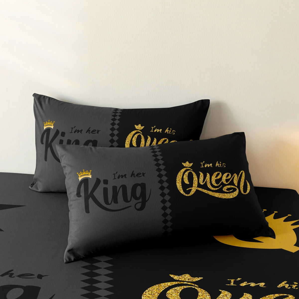 3pcs Fashionable Black Gray Queen & King Crown Printed Bedding Set Duvet Cover Soft Comfortable And Breathable, Bedroom, Hote
