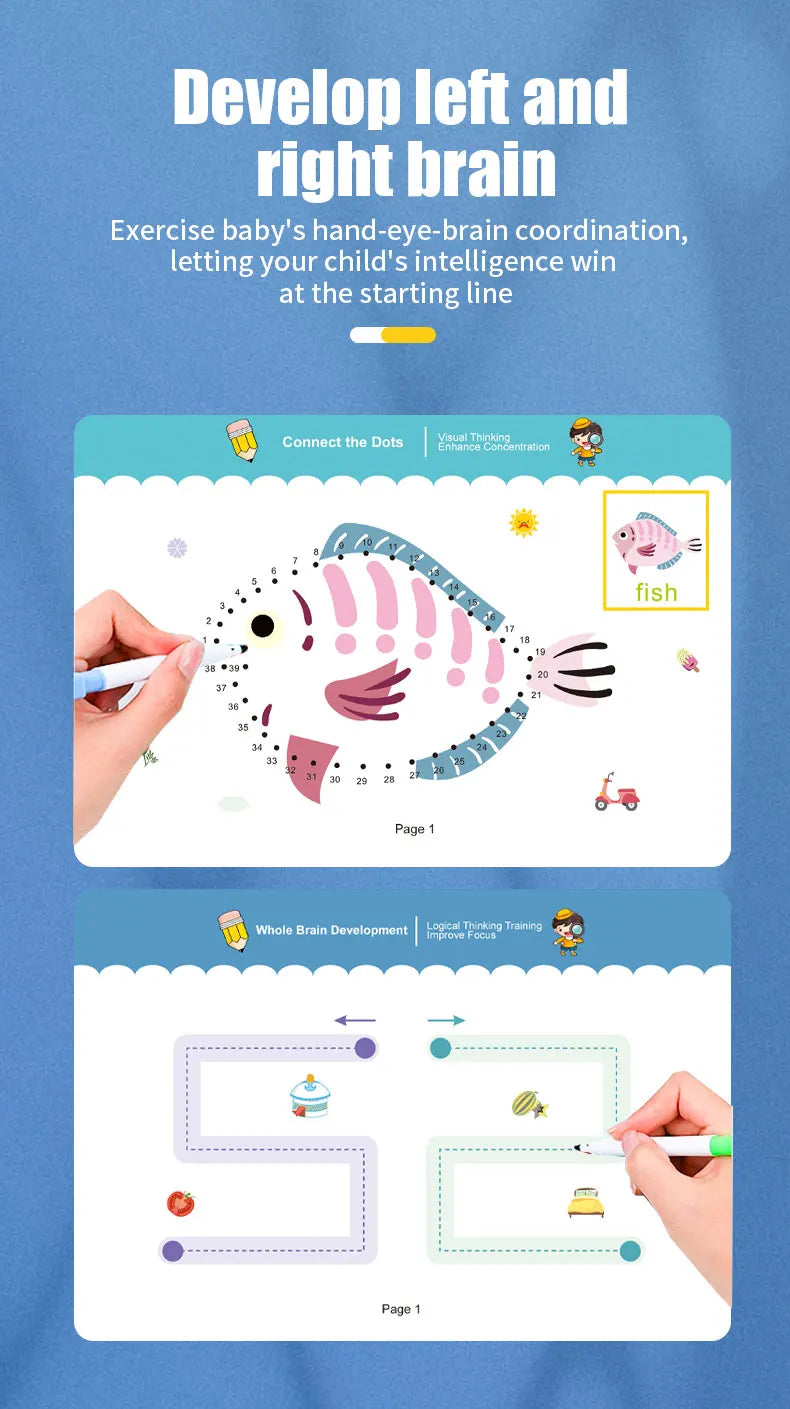 34-Page Reusable Children's Practice Book Set with Erasable Pen - Early Learning of Writing and Drawing Skills, Educational B