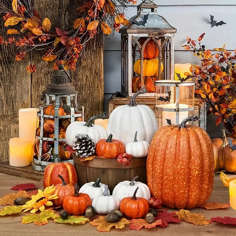 7pcs Artificial Foam Pumpkin Set – Fake Orange Pumpkins for Halloween, Harvest & Fall Table Decor