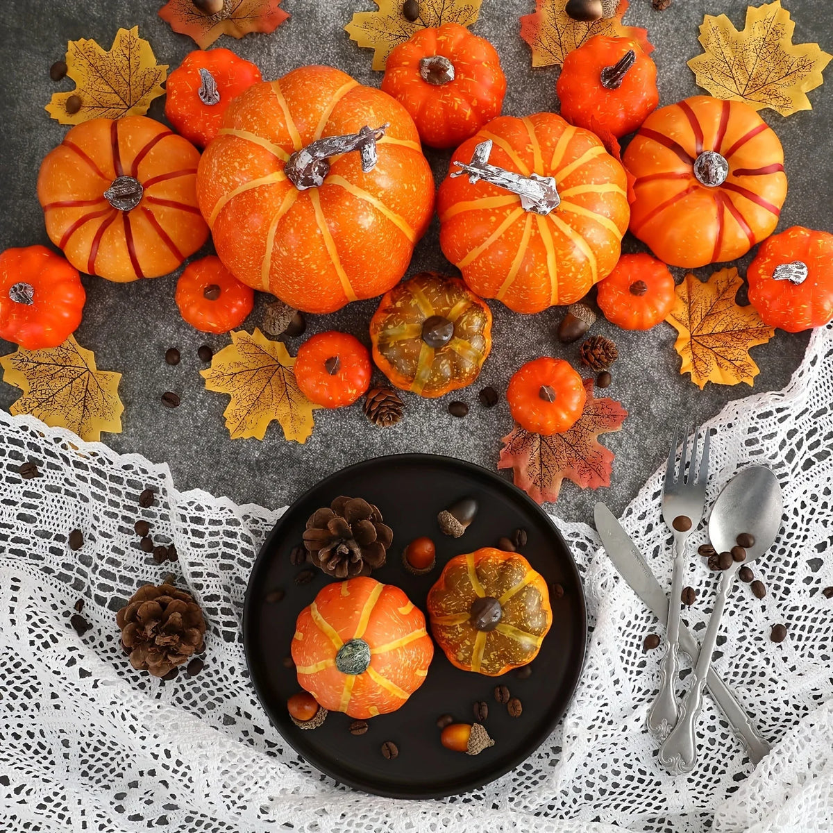 7pcs Artificial Foam Pumpkin Set – Fake Orange Pumpkins for Halloween, Harvest & Fall Table Decor