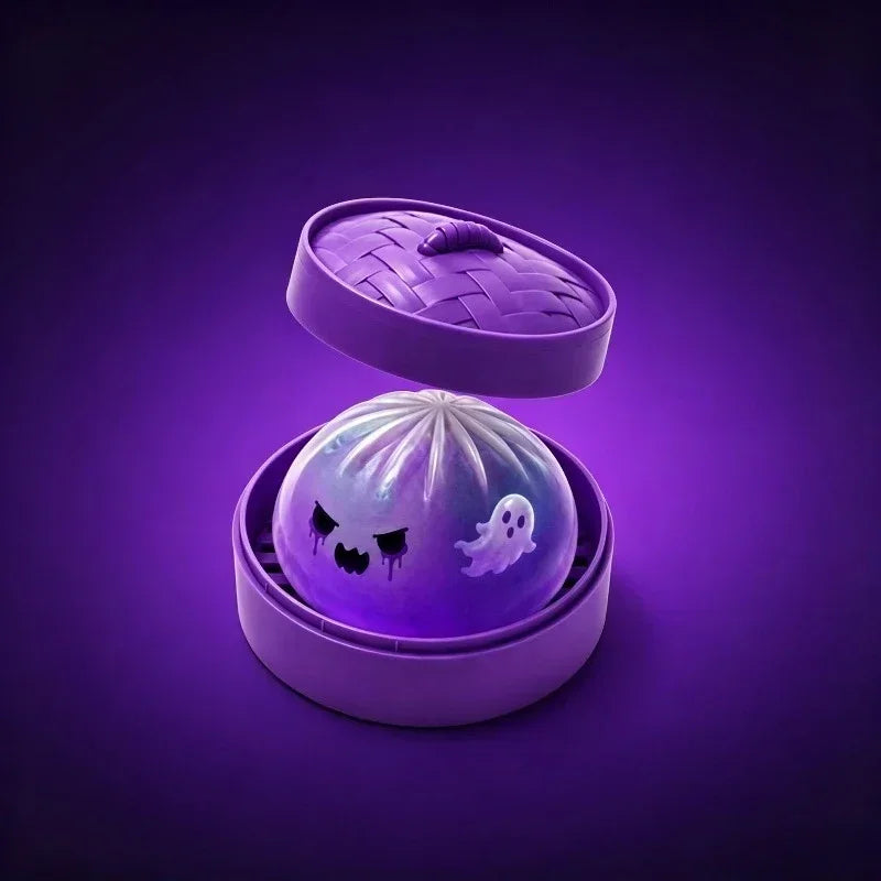 Glitter Halloween Ghost Dumpling Squishy – Slow-Rise Silicone Stress Relief Toy for ASMR & Halloween Gifting