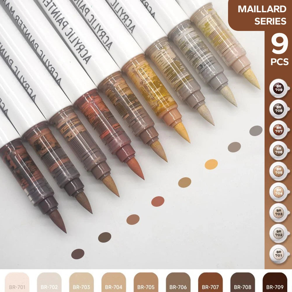Acrylic Brush Marker Set – 9-Colour Pro Palette Series with Automatic Ink Control for Illustration & Fine Art (9 Series Available)