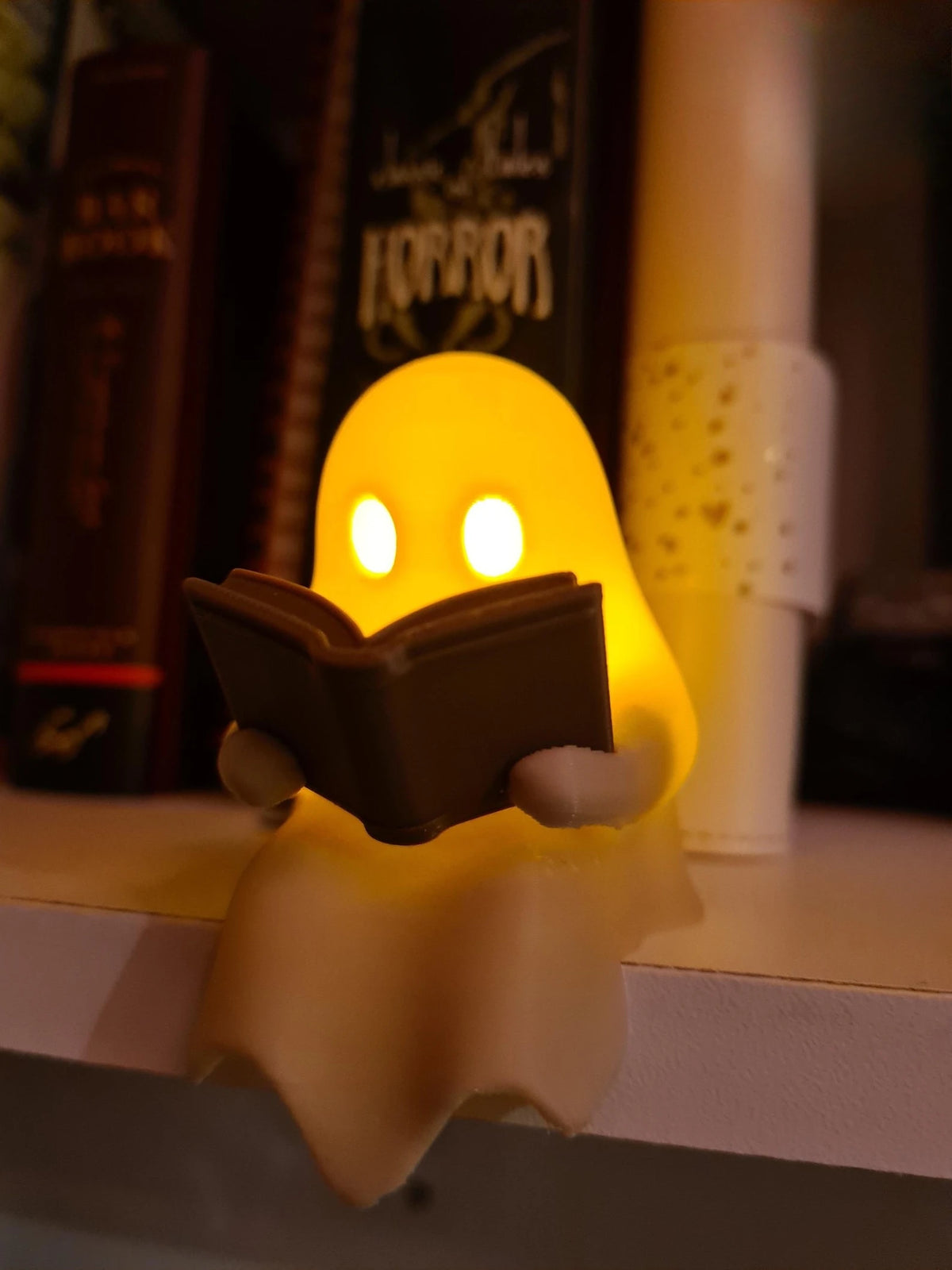Ghost Reading a Book Shelf Sitter Figurine – Cute Halloween Ornament with Flickering LED Tealight