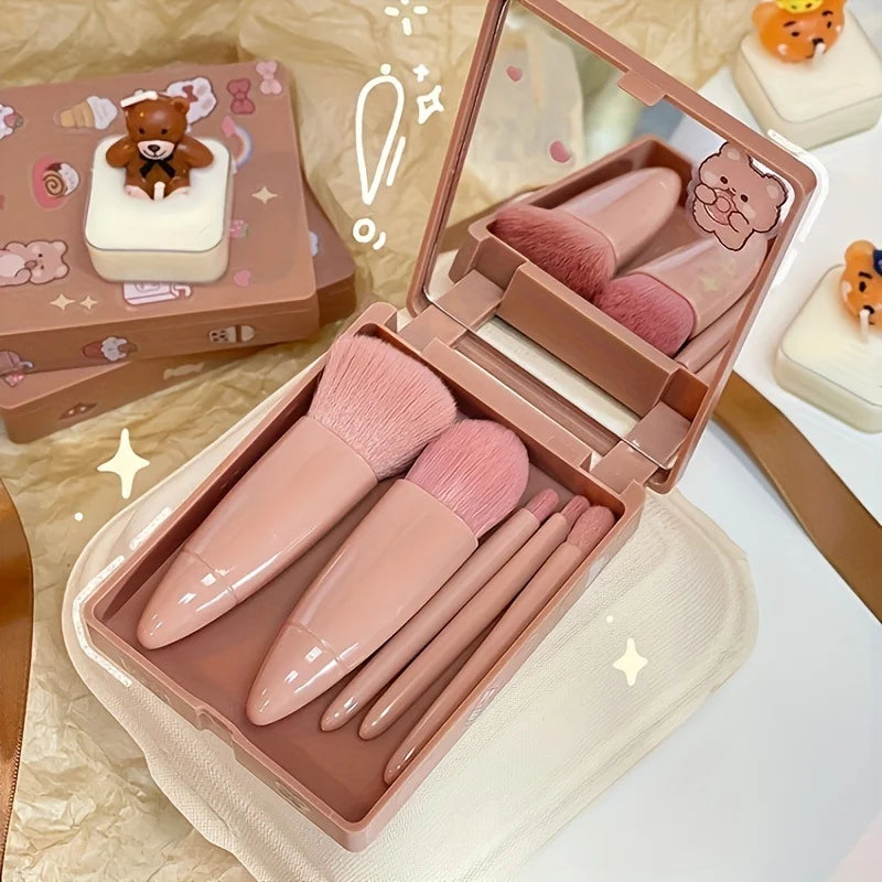 5-Piece Portable Travel Makeup Brush Set with Mirror – Compact Beauty Kit