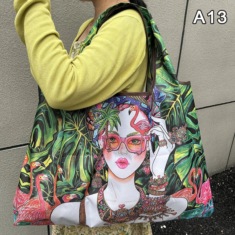 Foldable Nylon Shopping Tote Bag – Reusable Grocery & Travel Shoulder Bag