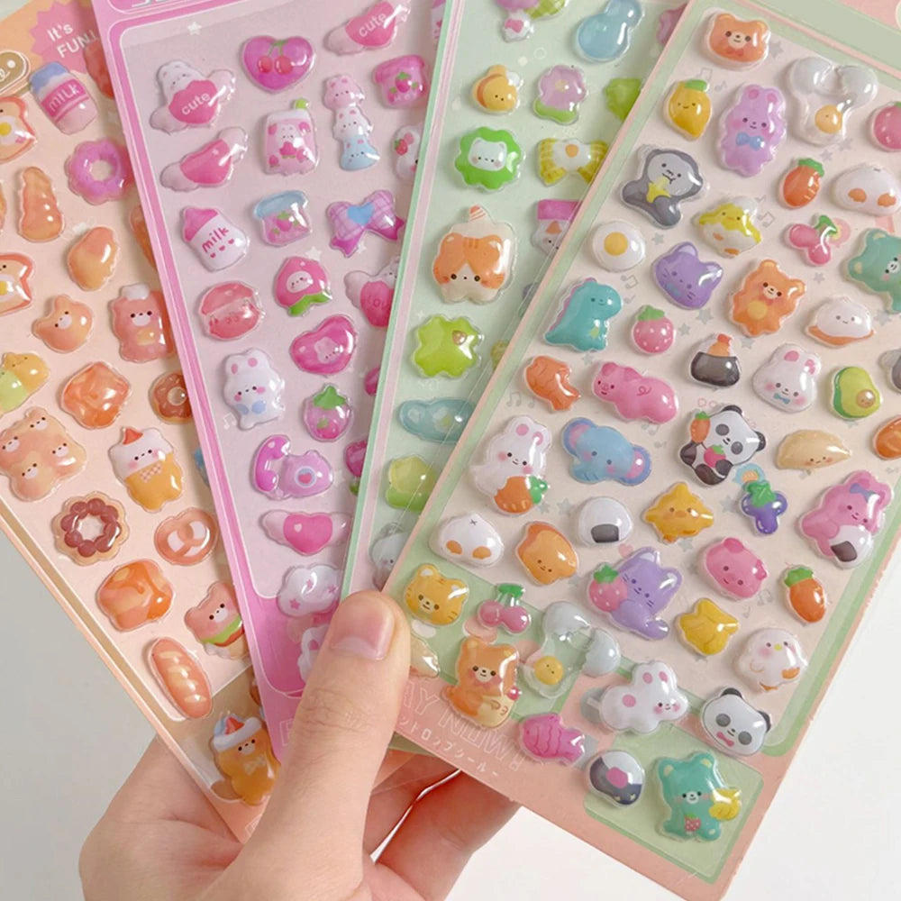 3D Embossed Diamond Cartoon Sticker Sheet – PVC Craft Decals for Scrapbooking, Journaling & Stationery Decoration (4 Designs 