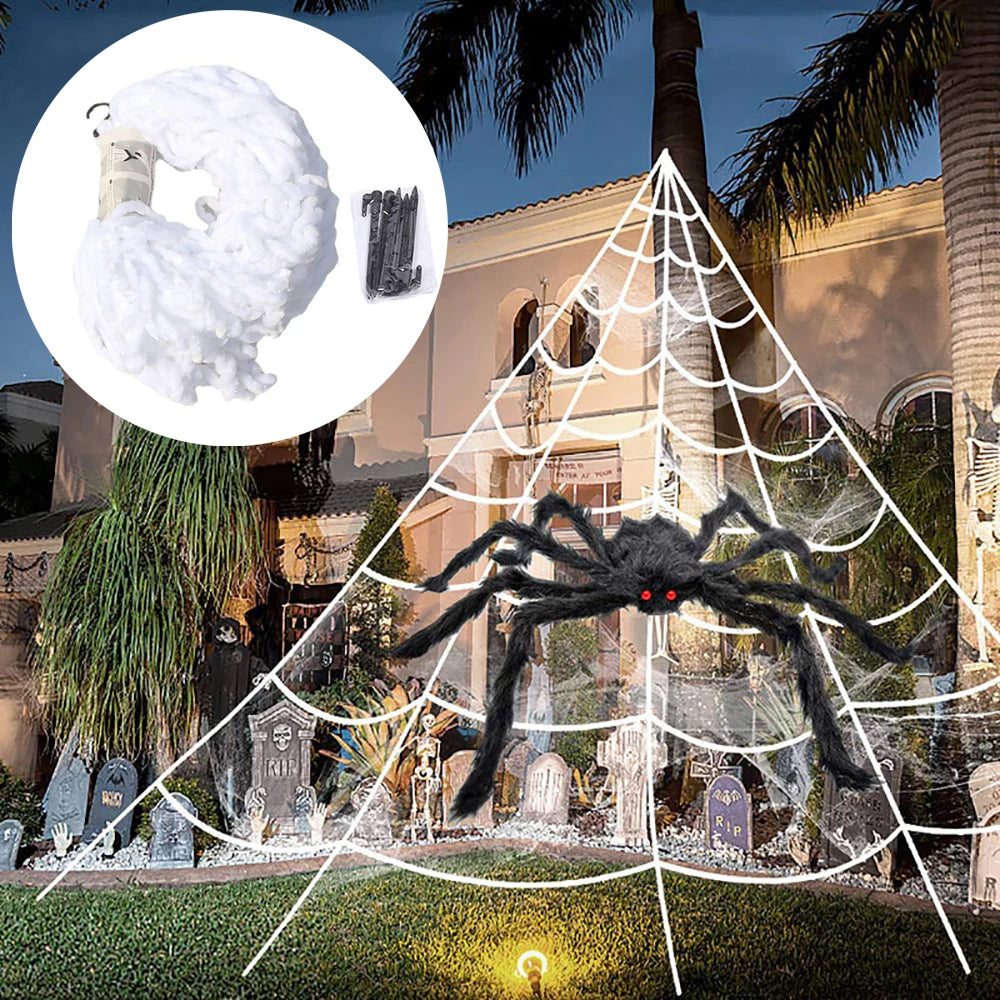 Halloween 5m Giant Plush Triangle Spider Web Decoration – Indoor & Outdoor Haunted Yard Prop (Black or White)