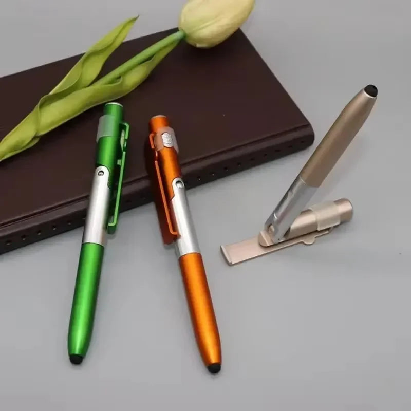 4-in-1 Multifunction Ballpoint Pen Stylus – Touchscreen Stylus, Flashlight & Tablet Stand in One (Green, Orange, Black or Blu
