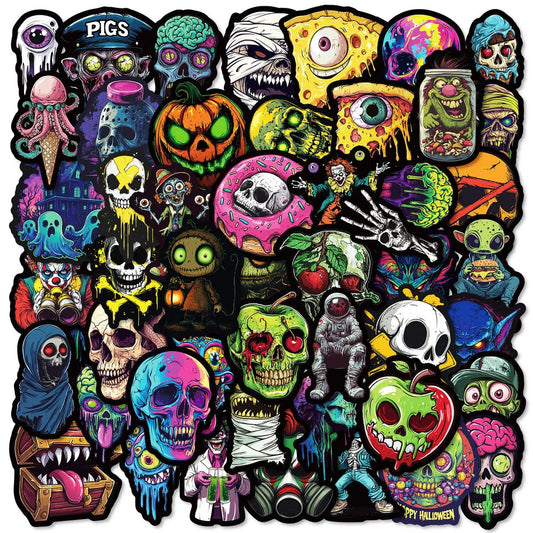 50pcs Colorful Skull & Ghost Face Graffiti Stickers – Halloween Festival Decor for Laptops, Bottles & Party Bags