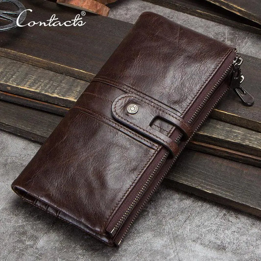 Men’s Genuine Leather Long Clutch Wallet – Vintage Zip & Hasp Card Holder