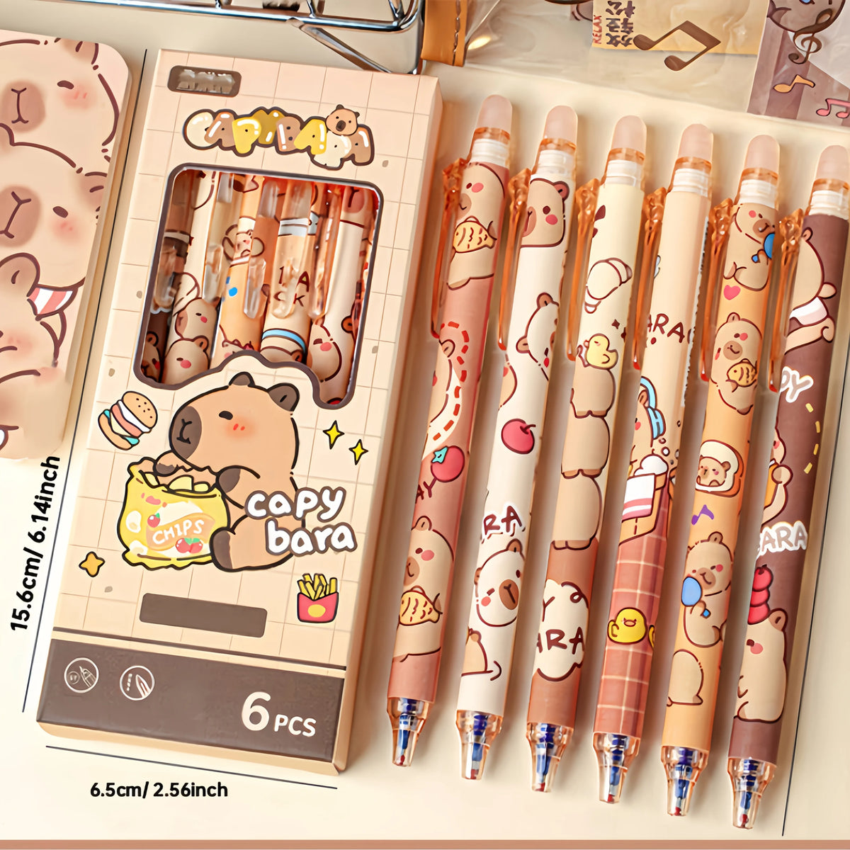 Capybara Erasable Retractable Gel Pens – 6pcs in 6 Colours, 0.5mm Quick-Dry Smooth Writing for School & Office