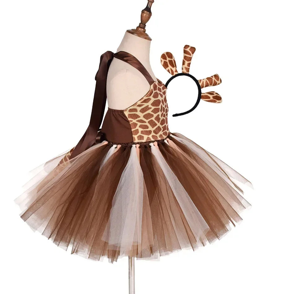 Girls’ Animal Print Tutu Costume Dress – Forest Theme Halloween Cosplay & Dance Performance Set for Kids