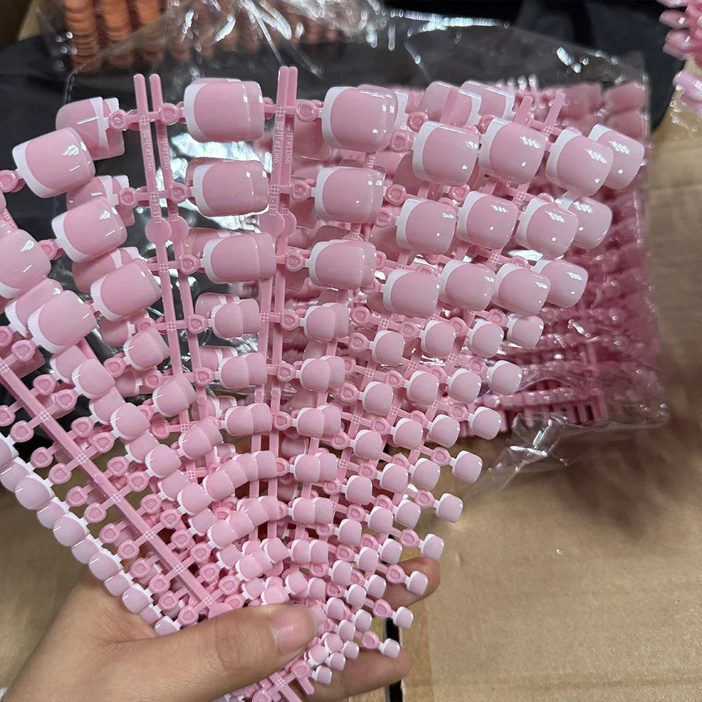 Press-On Toenails – 120pcs Short Square French Pink Soft Gel False Toe Nail Tips
