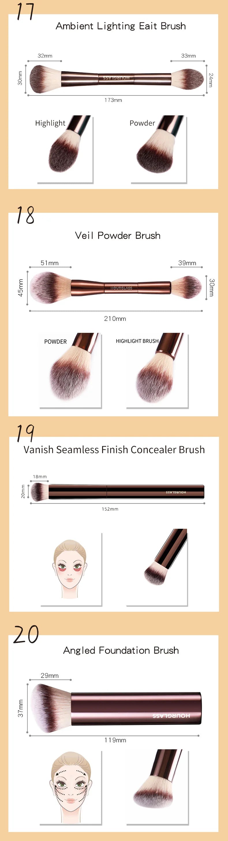Hourglass Makeup Brush Set – Powder, Foundation, Concealer, Blush, Bronzer & Eyeshadow