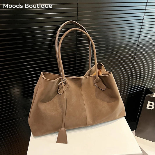 Retro Faux Suede Shoulder Tote Bag – Large Capacity Satchel for Women