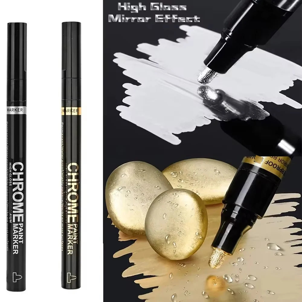 Chrome Mirror Paint Markers – Metallic Gold & Silver Liquid Ink Pens for Glass, Rock, Ceramic & Metal (1–5pcs, 2mm Nib)