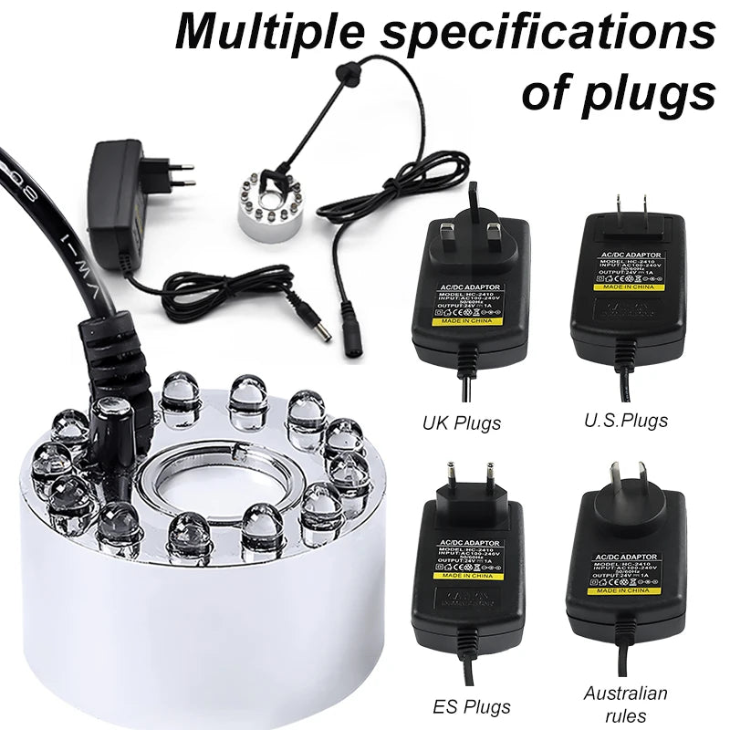 12-LED Color-Changing Ultrasonic Mist Fogger – Halloween Atmosphere Fog Machine for Ponds, Fountains & Party Decor (AU/EU/US/