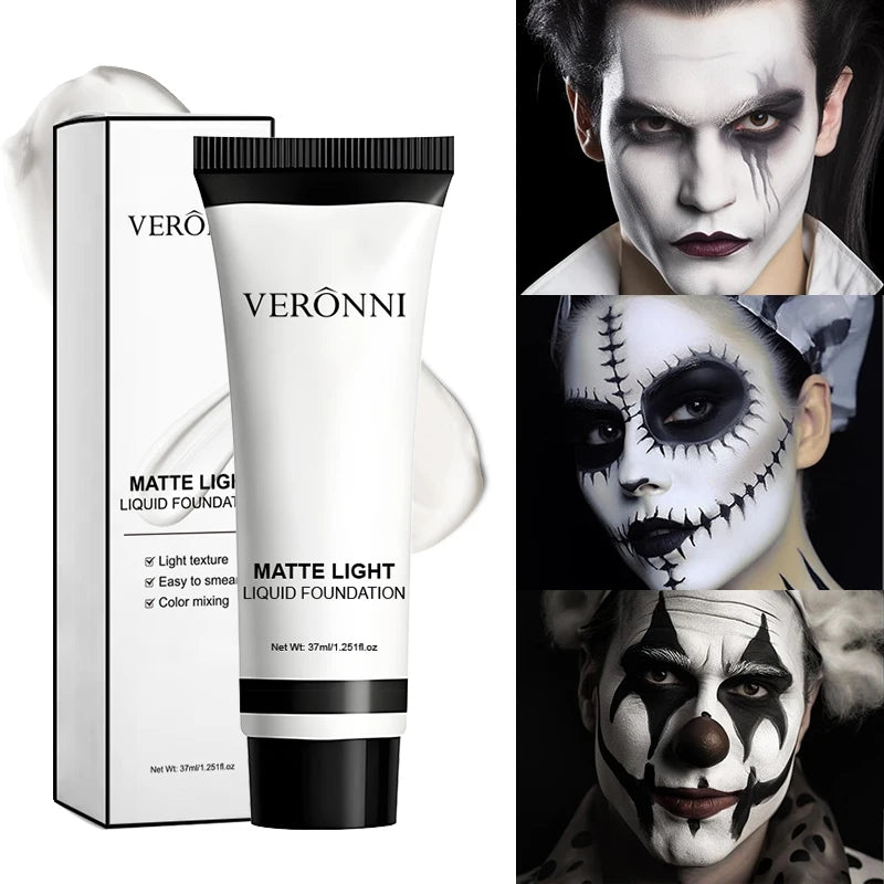 VERONNI Pure White Face & Body Paint Foundation – Halloween Clown, Ghost & Cosplay Costume Makeup Adjuster (37ml, All Skin Ty