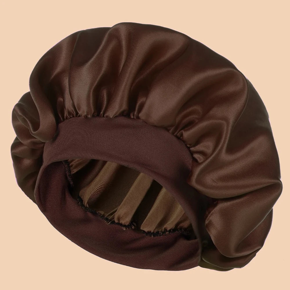 Satin Wide-Brim Shower & Sleep Cap for Women - Solid Color Silk Bonnet for Daily Hair Care
