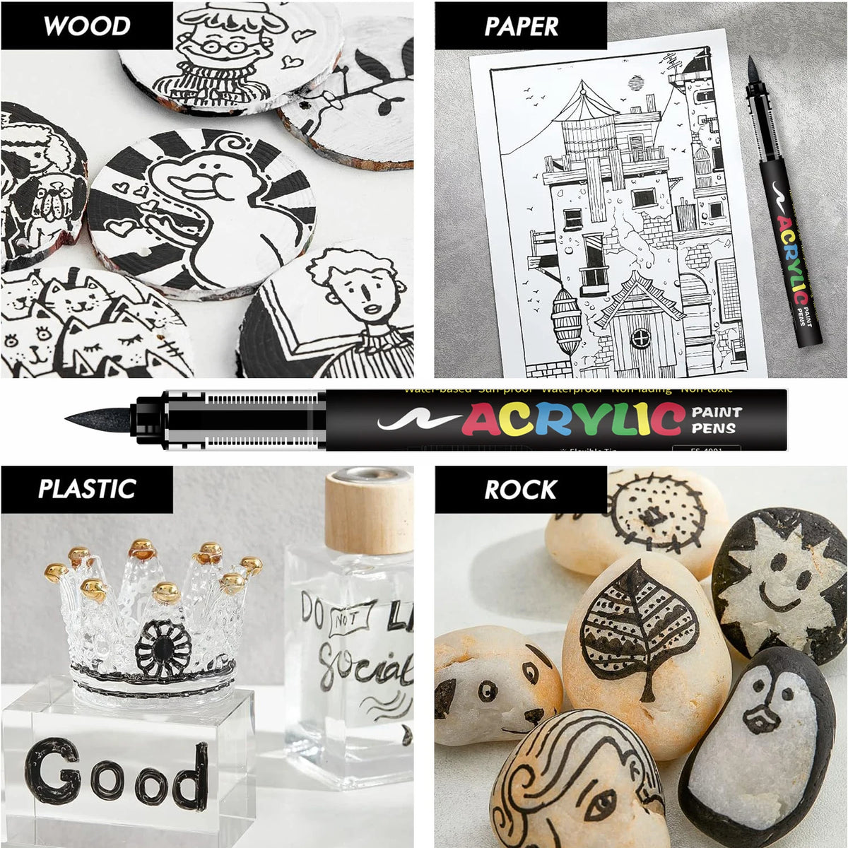 Flysea Black & White Acrylic Paint Markers – Large Ink Capacity 8-Pack for Illustration, Sketching, Wood, Glass & Fabric (All