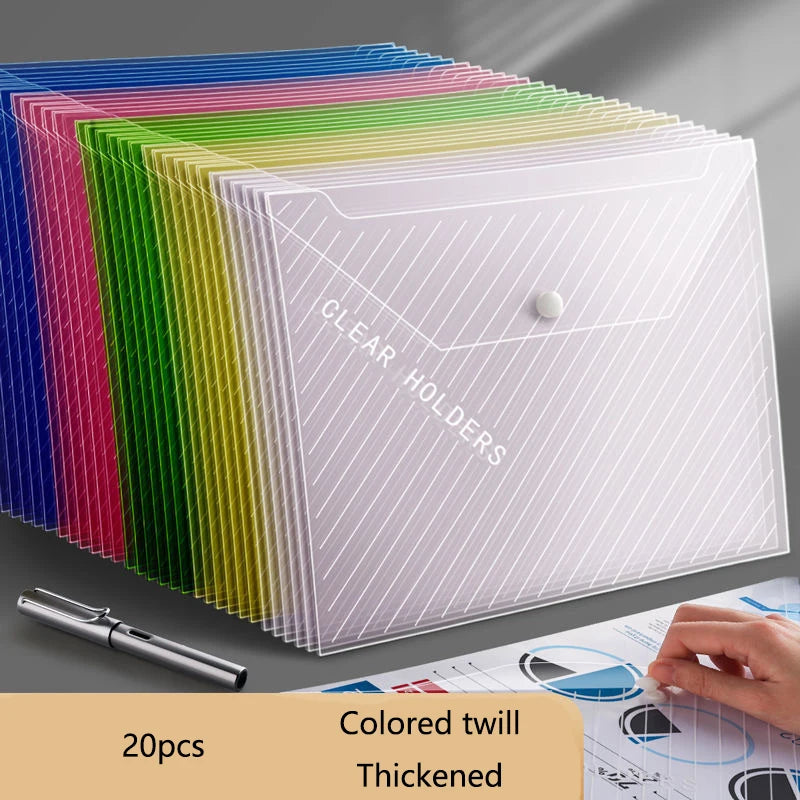 A4 Colourful Twill File Bags – Thickened Waterproof Snap-Close PP Storage Bags for Documents, Test Papers & Books (10 or 20-P
