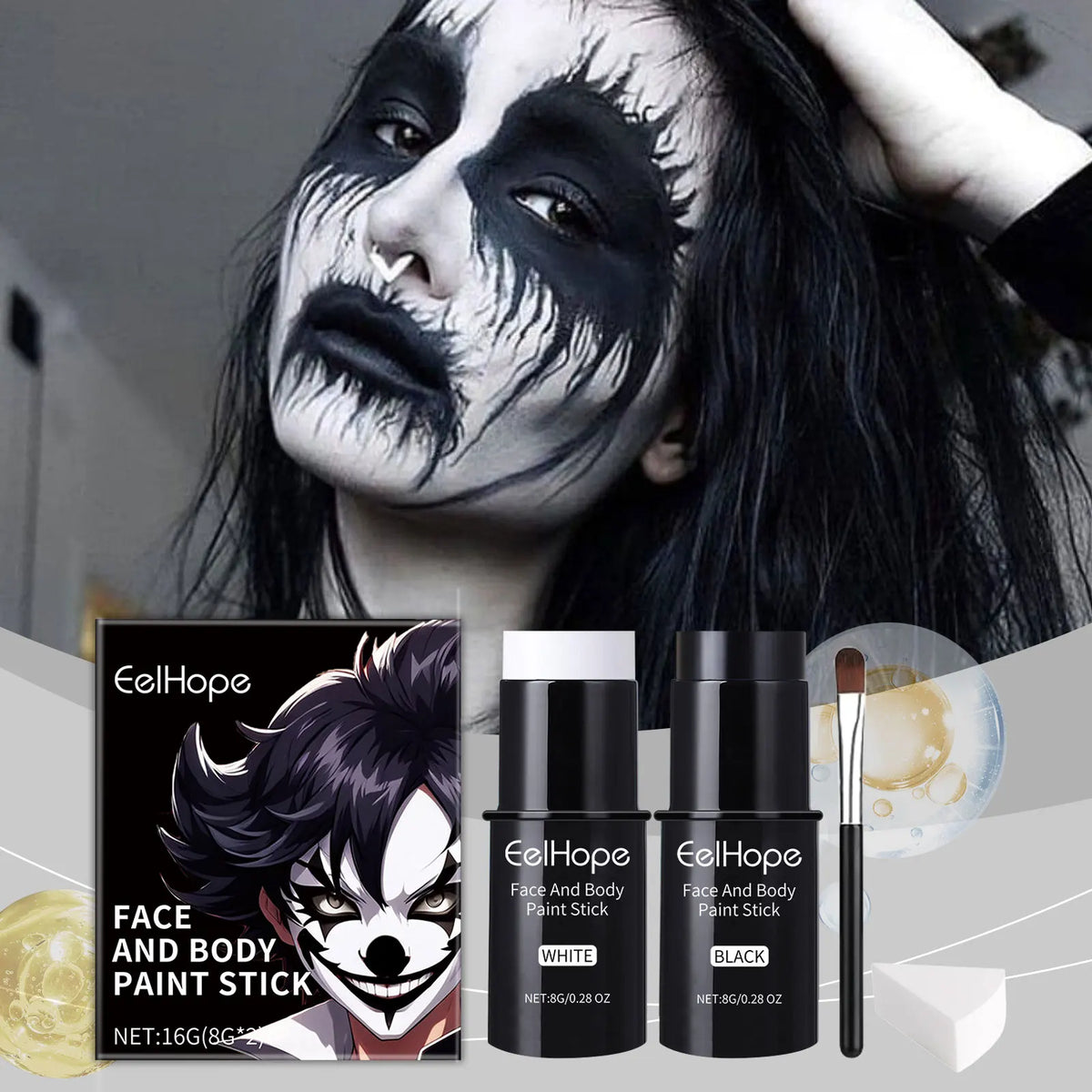Halloween Black & White Face & Body Paint Kit – Waterproof Full-Coverage Clown & Joker Makeup Set