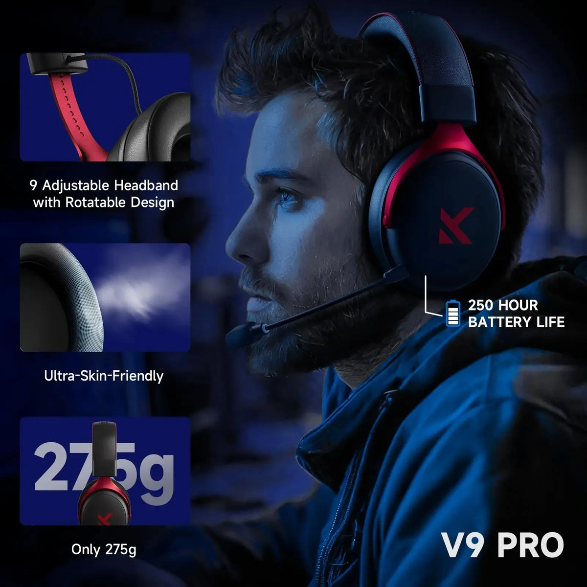MCHOSE V9 Pro Wireless Gaming Headset 7.1Surround Sound Headphones Noise Canceling Mic Low Latency Lightweight for PS5 PC SWI