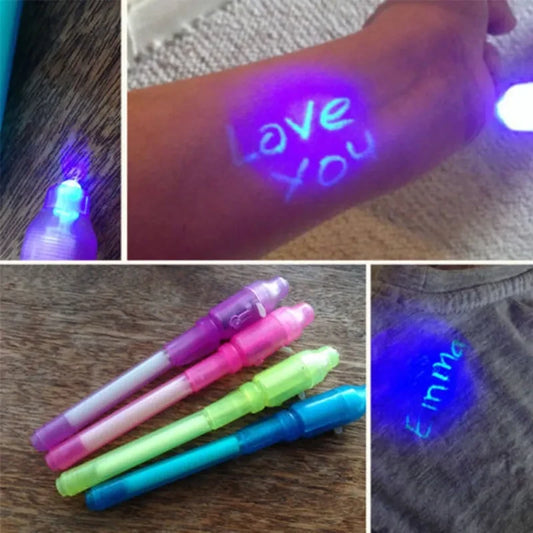 Invisible ink spy pen with UV light beside it