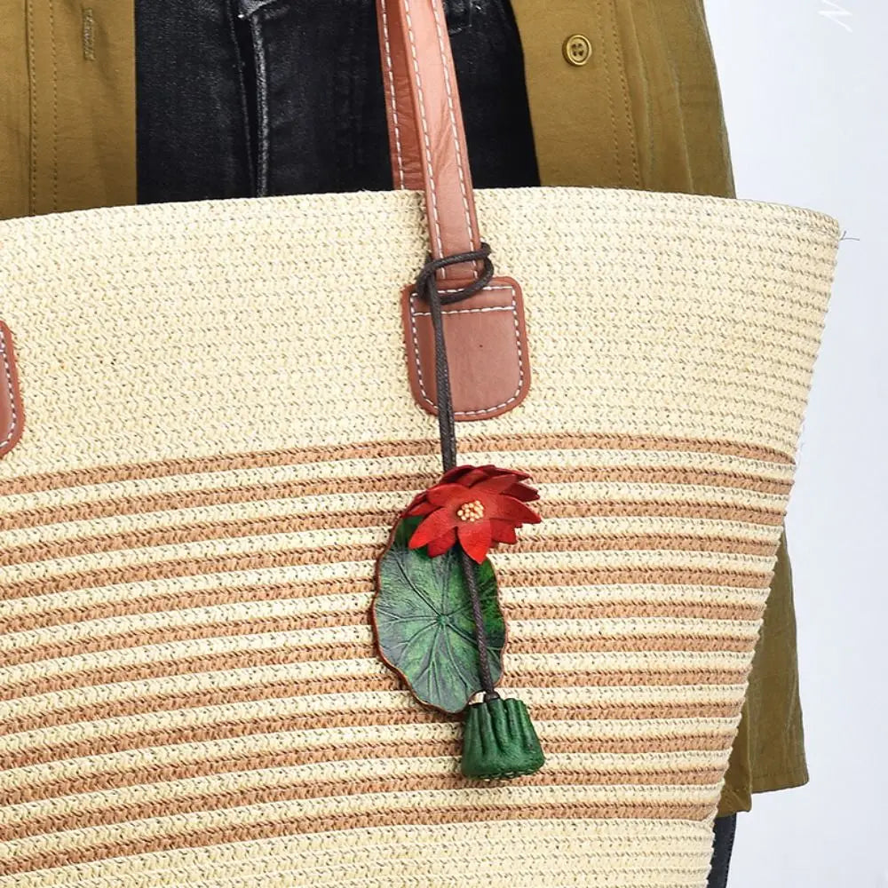 Handmade PU Leather Flower Bag Pendant & Keychain – Lotus Charm for Women