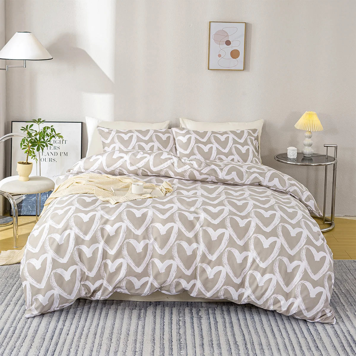3pcs/set Heart Print Duvet Cover Set - Blue & Gray(1 Duvet Cover & 2 Pillowcase?Soft And Skin-Friendly Duvet Cover Bedding Set