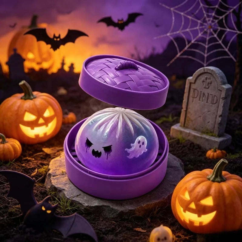 Glitter Halloween Ghost Dumpling Squishy – Slow-Rise Silicone Stress Relief Toy for ASMR & Halloween Gifting