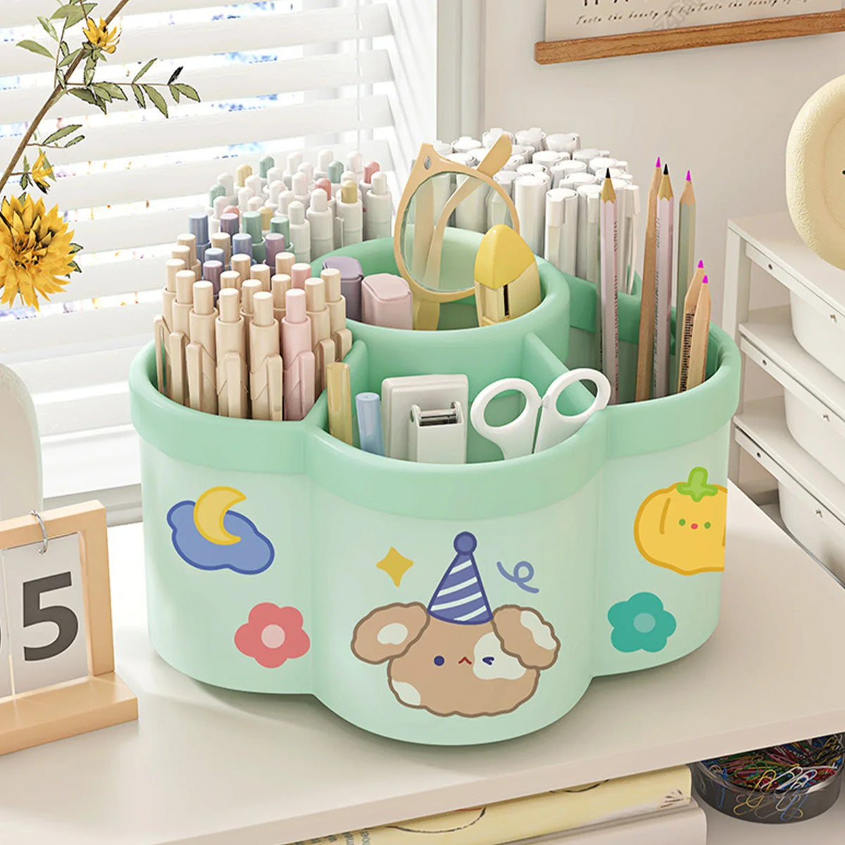 Rotating Desk Organiser – Large Pen & Makeup Brush Holder for Office, Dorm & Vanity in Cherry Pink or White (Japan Style)