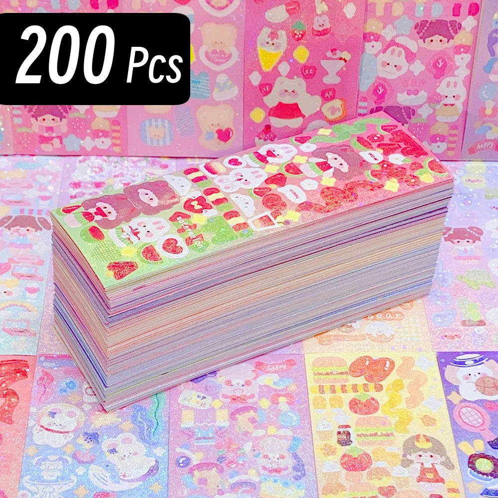 Korean Aesthetic Laser Cartoon Stickers – Cute Holographic Diary & Scrapbooking Stickers, Waterproof & Reusable (20, 60, 100 or 200pcs)