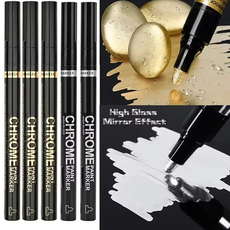 Chrome Mirror Paint Markers – Metallic Gold & Silver Liquid Ink Pens for Glass, Rock, Ceramic & Metal (1–5pcs, 2mm Nib)