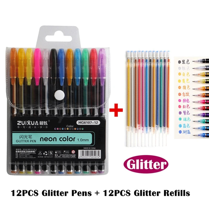 Kissbuty Glitter, Metallic, Pastel & Highlighter Gel Pens – 1.0mm Coloring Pens with Refills for Journaling, Art & Adult Colouring Books (12pcs)