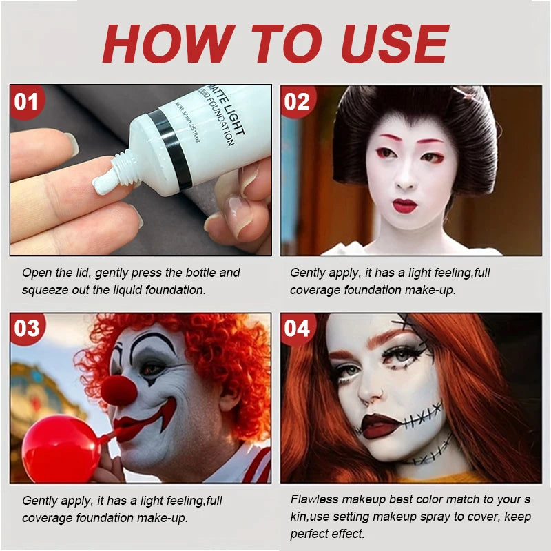 VERONNI Pure White Face & Body Paint Foundation – Halloween Clown, Ghost & Cosplay Costume Makeup Adjuster (37ml, All Skin Ty