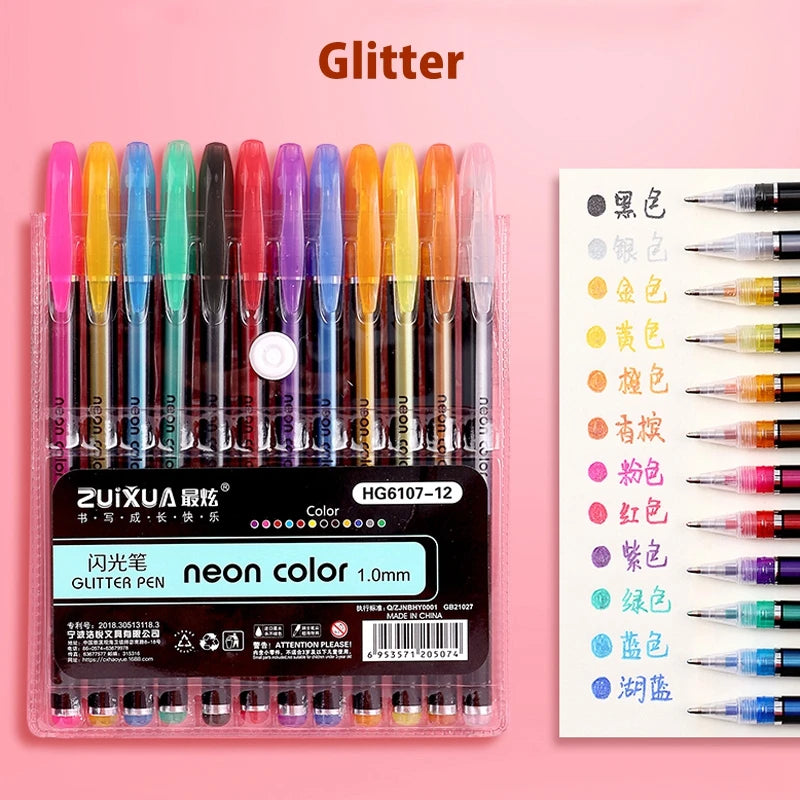 Kissbuty Glitter, Metallic, Pastel & Highlighter Gel Pens – 1.0mm Coloring Pens with Refills for Journaling, Art & Adult Colouring Books (12pcs)