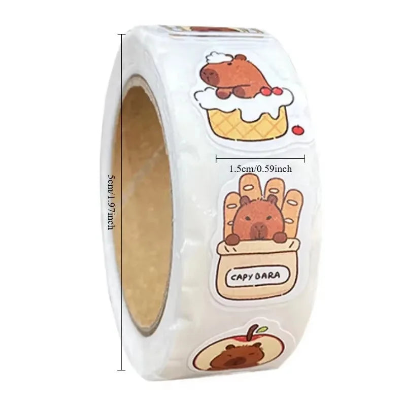 500pcs Capybara Sticker Roll – Waterproof PVC Self-Adhesive Decals in Cute Animal & Food Designs for Laptops, Phones, Scrapbo
