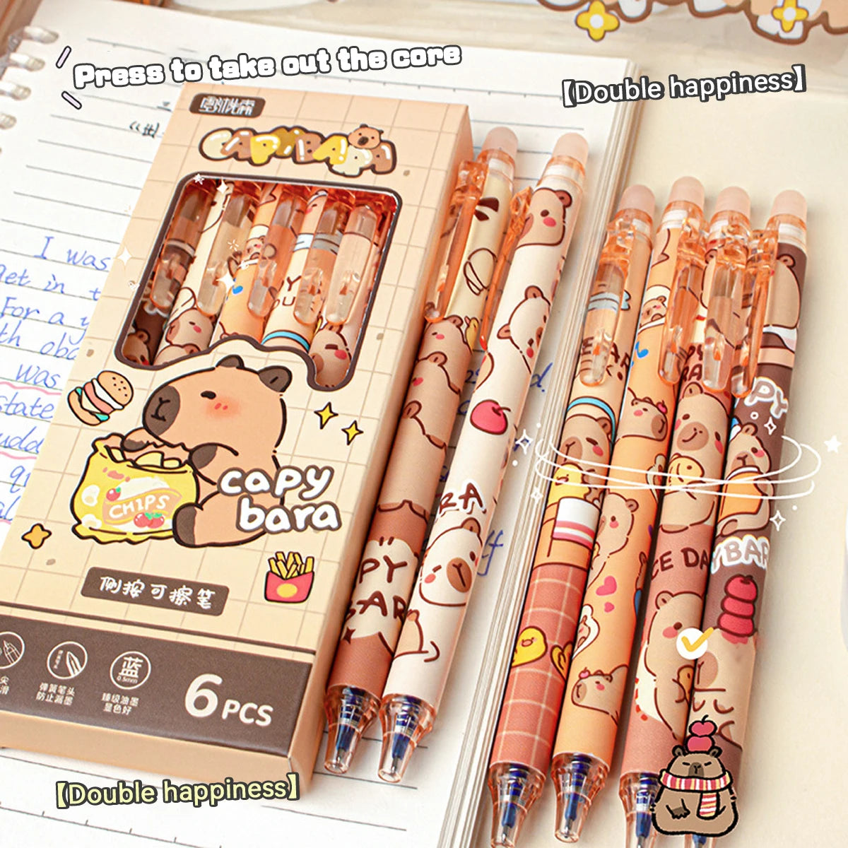 Capybara Erasable Refillable Gel Pens – Smudge-Free 0.5mm Cute Animal Stationery for Students & Office (5- or 6-Pack)