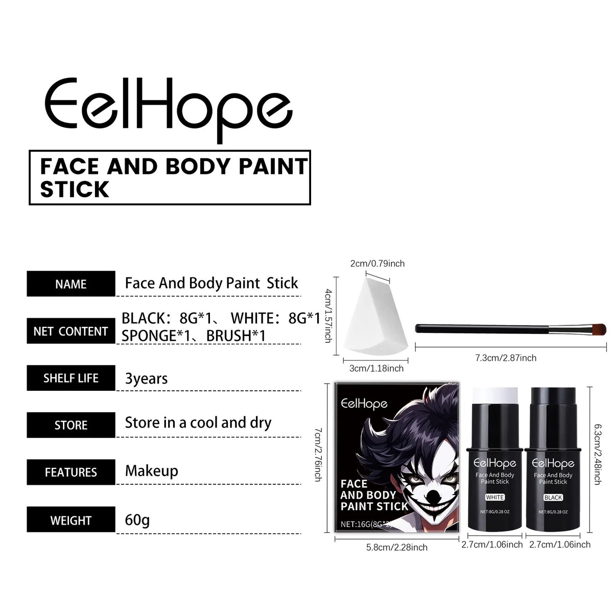 Halloween Black & White Face & Body Paint Kit – Waterproof Full-Coverage Clown & Joker Makeup Set