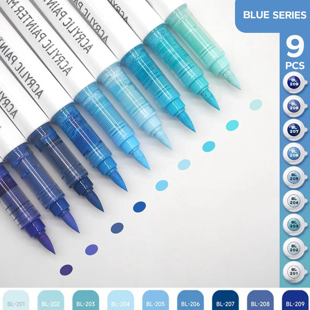Acrylic Brush Marker Set – 9-Colour Pro Palette Series with Automatic Ink Control for Illustration & Fine Art (9 Series Available)