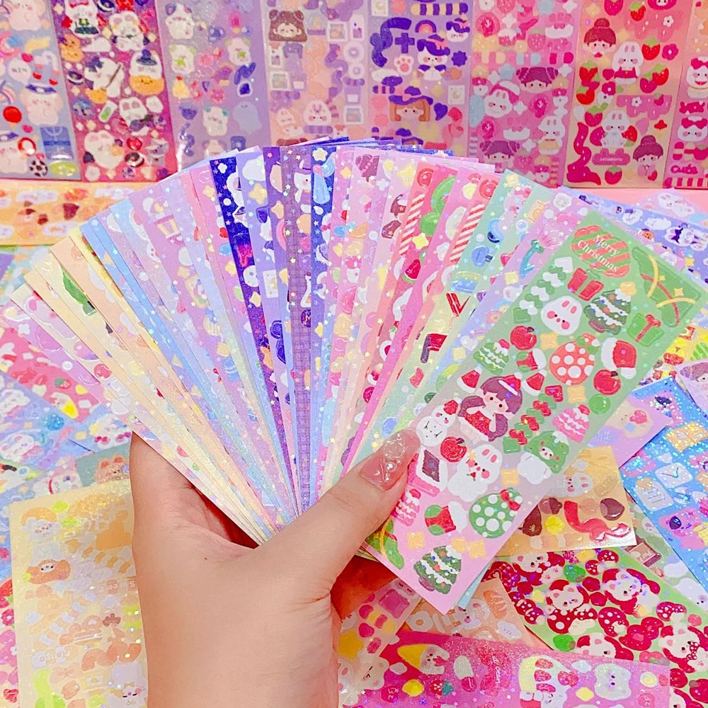 Korean Aesthetic Laser Cartoon Stickers – Cute Holographic Diary & Scrapbooking Stickers, Waterproof & Reusable (20, 60, 100 or 200pcs)