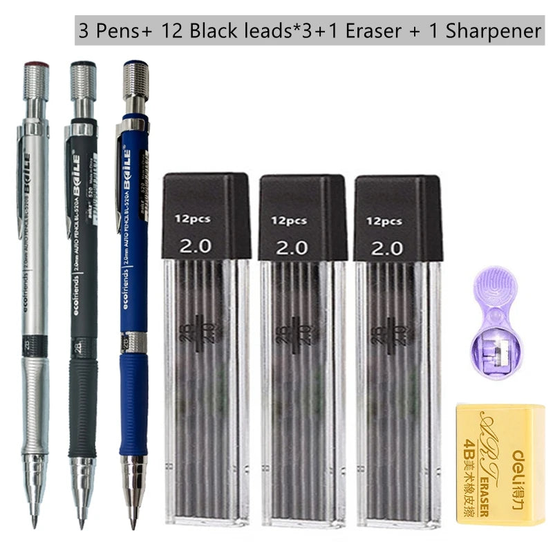 2.0mm Mechanical Pencil Set with 2B Lead Refills – Black & Colour Leads for Writing, Sketching, Drawing & Art (Pencil Sets & Refill Packs)